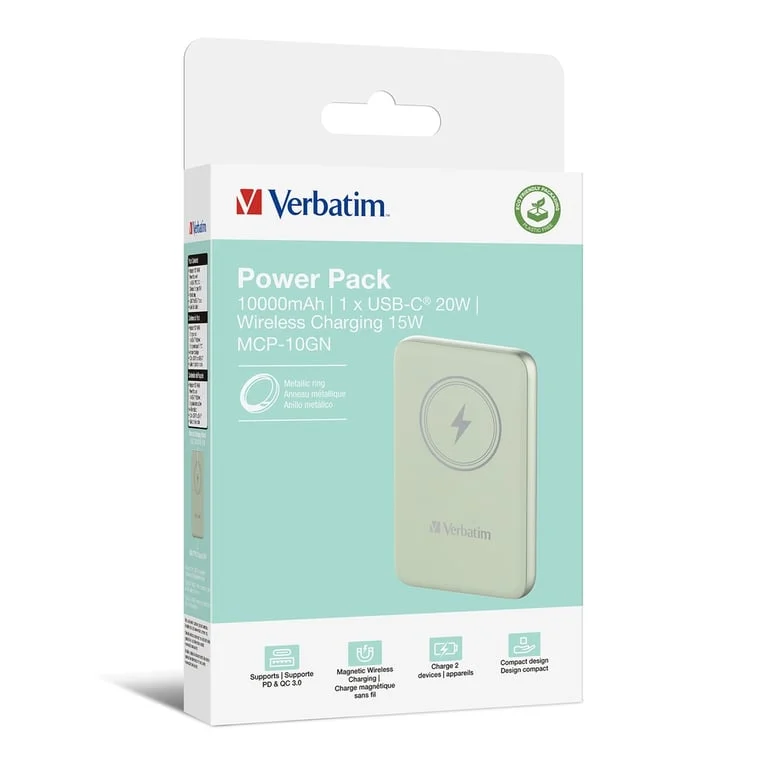 Външна батерия Verbatim MCP-10GN 10000 mAh USB-C PD 20W / Магнитно безжично зареждане 15W Зелен