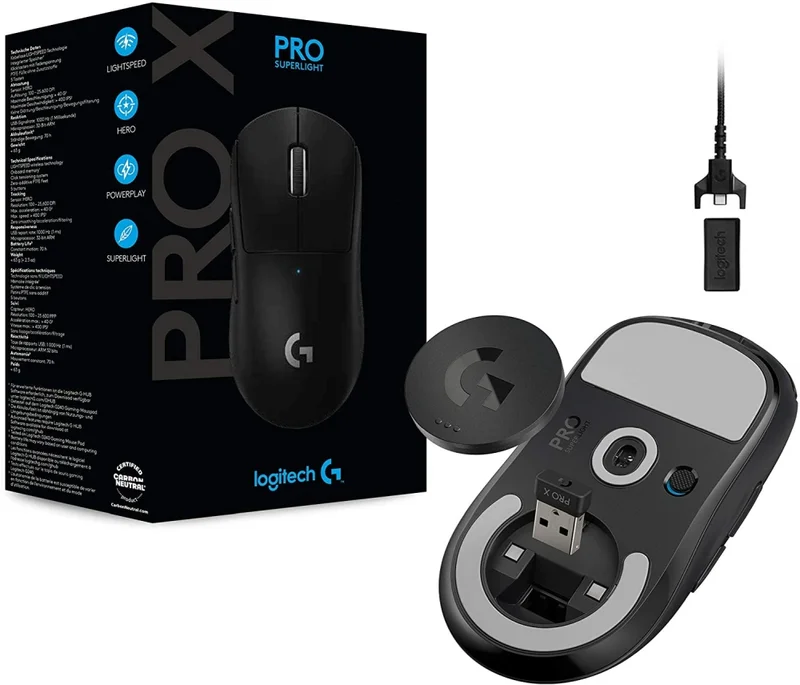 Logitech G Pro X Superlight Wireless Mouse, Lightspeed Wireless 1ms, HERO 25K DPI Sensor, 400 IPS, Onboard Memory, >63g, Black