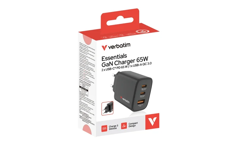 Зарядно устройство Verbatim Essentials GaN 65W, EU, черен