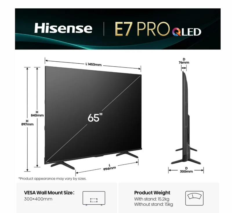 Телевизор Hisense E7Q Pro 65" 4K UHD QLED 144Hz Dolby Vision Черен