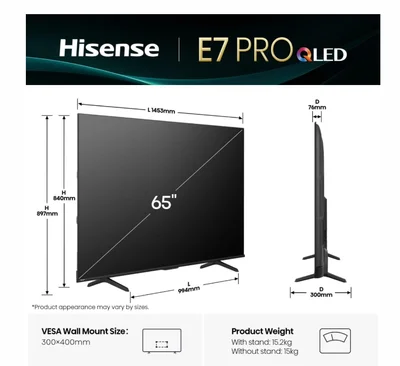 Телевизор Hisense E7Q Pro 65" 4K UHD QLED 144Hz Dolby Vision Черен