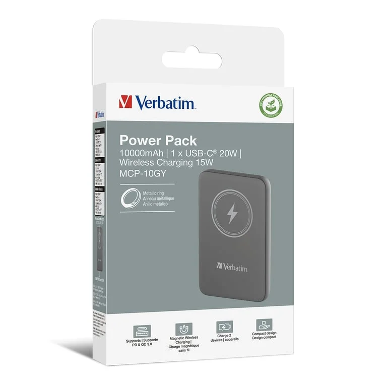 Външна батерия Verbatim MCP-10GY 10000mAh USB-C PD 20W Магнитно безжично зареждане 15W Сива