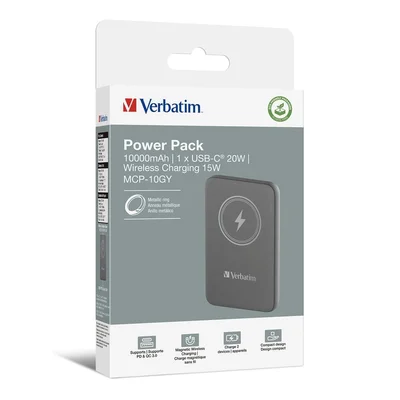 Външна батерия Verbatim MCP-10GY 10000mAh USB-C PD 20W Магнитно безжично зареждане 15W Сива