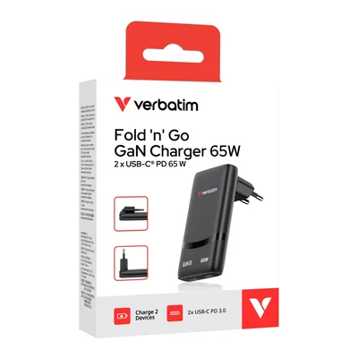 Verbatim Fold 'n' Go GaN Charger 65W EU plug Black