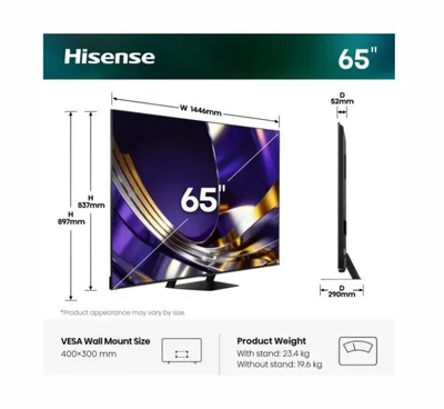 Hisense 65"U7S Pro, 4K Ultra HD 3840x2160, ULED, FALD, Quantum Dot, 165Hz, IPS, HDR 10+, HLG, Dolby Vision IQ, Dolby Atmos, Smart TV, WiFi 5GHz, WiFi Direct, BT, Anyview Cast,light sensor,Solar Powered Remote, 4xHDMI, 2xUSB, LAN, CI+, DVB-T2/C/S2, Black