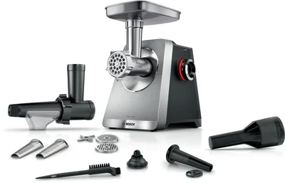 Bosch MFWS835M, SER8, Meat mincer, Blocking power: 2500W, 4,5 kg/min, 10-year motor, dishwasher safe, tomato press, kebbe att., sausage att., silver black