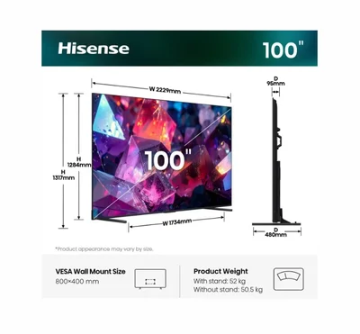 Hisense, 100''  E7S PRO,QLED Smart, FALD, 144Hz, 5000:1,Quantum Dot, Dolby vision ,Vidaa, ADS, Black