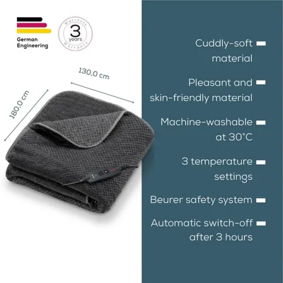 Електрическо одеяло Beurer HD 65, 180x130 см, тъмносиво, 3 температурни степени