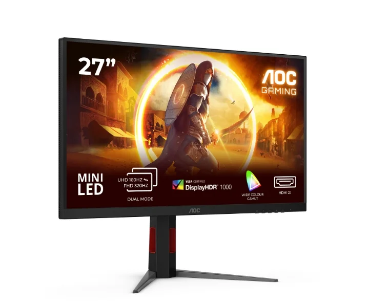 AOC U27G4XM, 27" Fast IPS MiniLED, 3840x2160@160Hz, 1ms GtG, 1200cd/m2, 1000:1, 80M:1 DCR, Adaptive Sync, FlickerFree, Low Blue Mode, Tilt, Height Adjust, Pivot, Swivel, HDMI, DP, USB hub