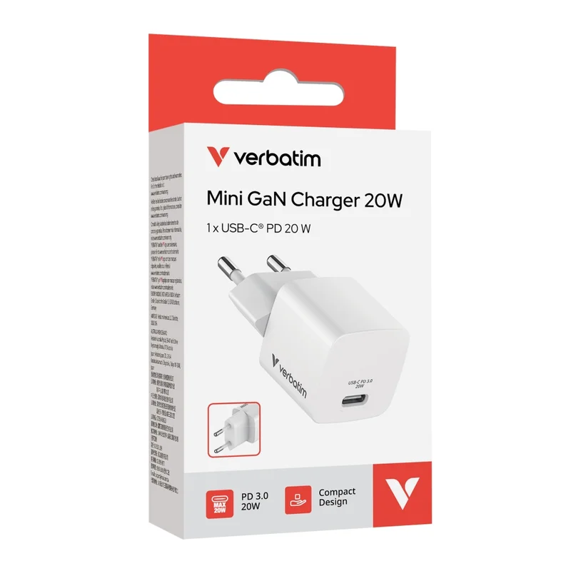 Зарядно устройство VERBATIM – Mini GaN Charger 20W, EU plug, USB-C, бяло