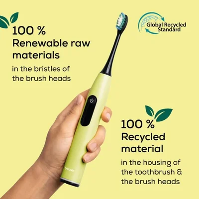 Beurer SC 50 splashy lemon Electric Sonic Toothbrush, up to 80,000 mov/min, 5 cleaning programs: Clean, Sensitive, Polish, Gum Care, Whiten, Pressure sensor , 2-min. timer, Incl. 2 toothbrush heads and magnetic charging plate, 22 days of battery life
