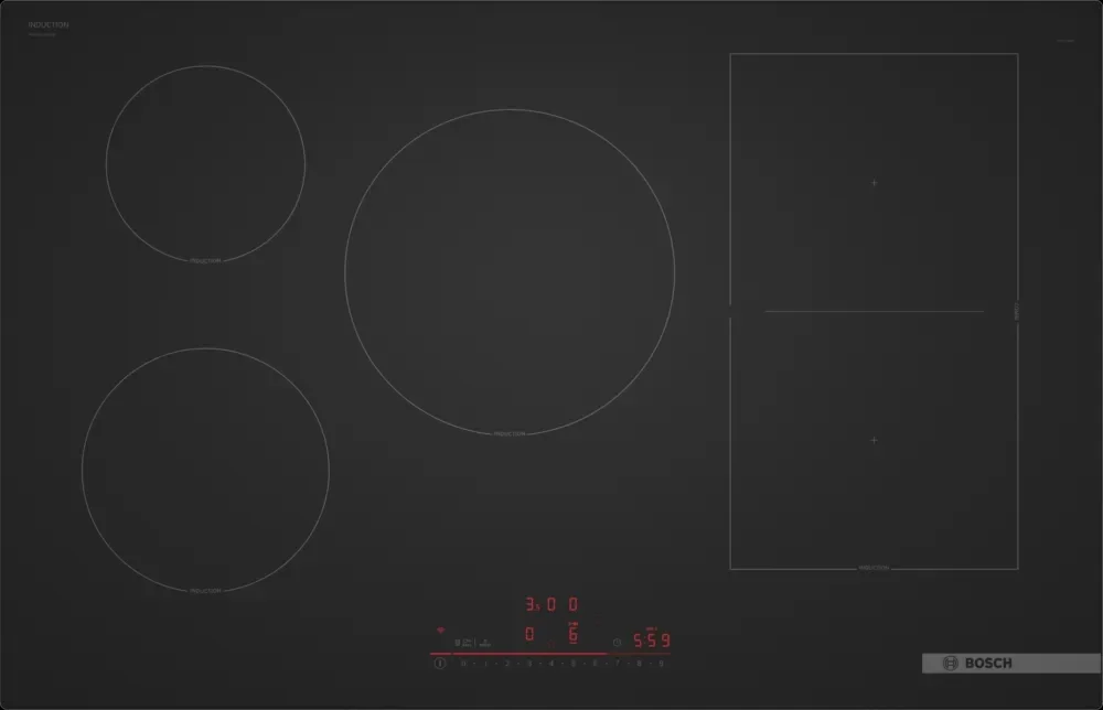 Bosch PVW81CHB1E, SER8, Induction electric cooktop, 5 zones (1 CombiZone + 3, 24cm ring), DirectSelect, PanBoost, frameless, 7,4 kW, 80cm, HC, Matt Black