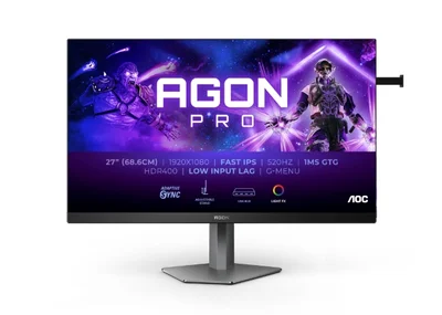 AOC AG276FK, 27" Fast IPS WLED, 1920x1080@520Hz, 0.5ms GtG, 0.3ms MPRT, 400cd m/2, 1000:1, 80M:1 DCR, Adaptive Sync, FlickerFree, Low Blue Light, 5Wx 2, Tilt, Height Adjust, Pivot, Swivel, 2xHDMI, 2xDP, USB hub