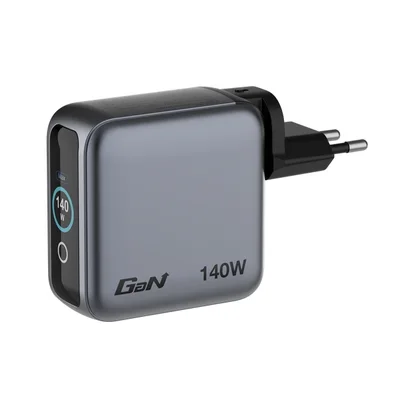 Зарядно Verbatim Mini GaN 140W с дисплей + USB-C към USB-C кабел 140W, сив