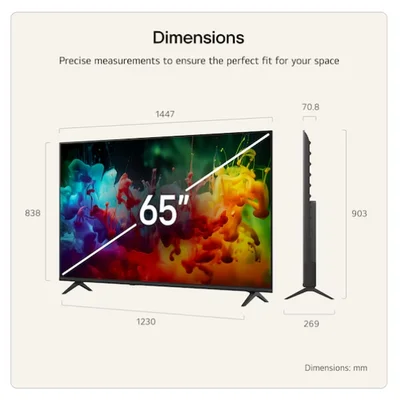 LG 65QNED71B3B., 65" 4K QNED MiniLED Smart TV, 3840x2160, DVB-T2/C/S2, Alpha 7 AI Processor, HDR10 / HLG, webOS 26 ThinQ, VRR / ALLM / HGiG, 4K Super Upscaling, WiFi 5, Bluetooth 5.3, AirPlay 2, LAN, CI, HDMI, AI Sound Pro, Google Cast, 2 pole Stand