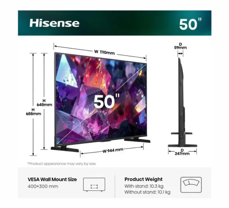 Hisense 50" E7S Pro, 4K Ultra HD 3840x2160, QLED, Quantum Dot, 144Hz, HDR 10+ adaptive, HLG, Dolby Vision, DTS Virtual X, Smart TV, WiFi 5GHz, WiFi Direct, BT, Anyview Cast, 4xHDMI, 2xUSB, LAN, CI+, DVB-T2/C/S2, Black